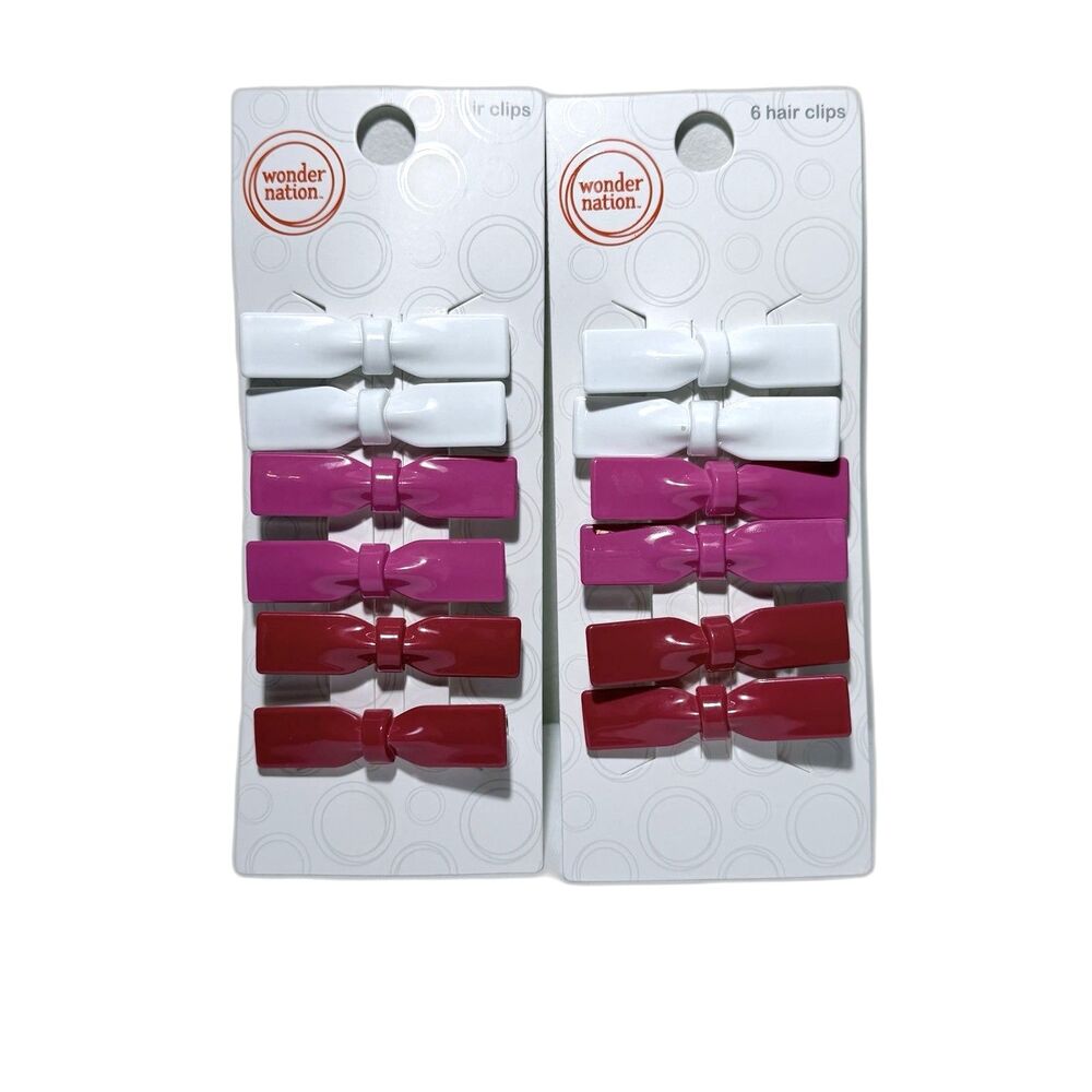 Wonder Nation Girls 2-Pack/6-Pc Glossy Bow Hair Clips Set Pink White Red NEW